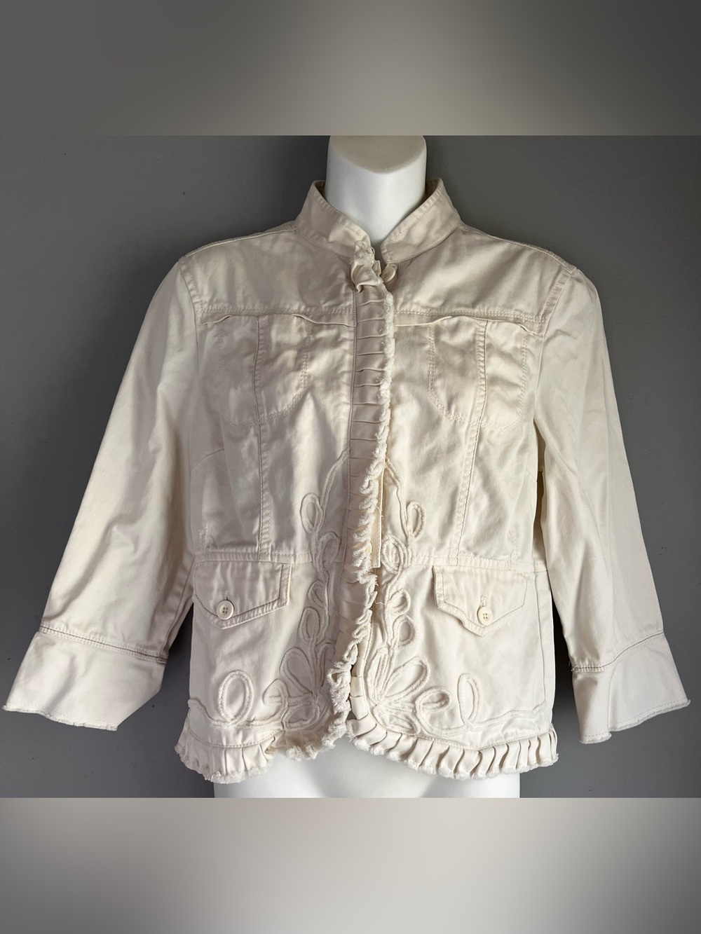 DKNY JEANS Cream Embroidered Ruffle-Trim Jean Blazer
